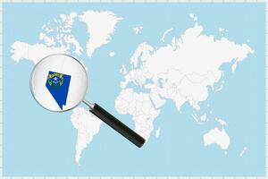 Magnifying glass showing a map of Nevada on a world map. vector