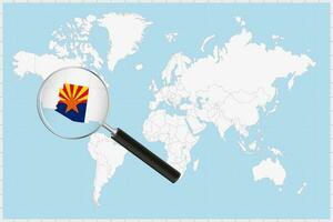 Magnifying glass showing a map of Arizona on a world map. vector