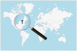 Magnifying glass showing a map of Vermont on a world map. vector