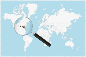 Magnifying glass showing a map of Maryland on a world map. vector