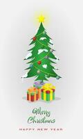 Merry Christmas and New Year poster with Christmas tree and gift box vector