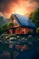 AI generated House with solar panels on the background of the lake and mountains photo