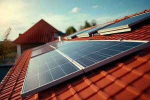 ai generado casa con solar paneles en el antecedentes de el lago y montañas foto