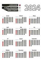Slovak calendar 2024 with numbers in circles, week starts on Sunday. 2024 with flag of Slovakia. vector