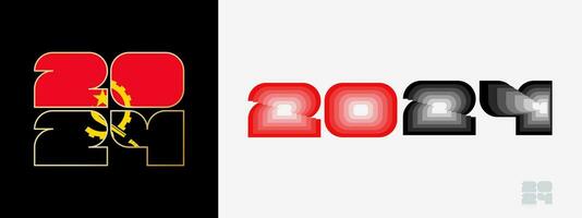 Year 2024 with flag of Angola and in color palate of Angola flag. Happy New Year 2024 in two different style. vector