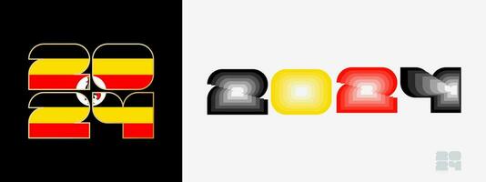 Year 2024 with flag of Uganda and in color palate of Uganda flag. Happy New Year 2024 in two different style. vector