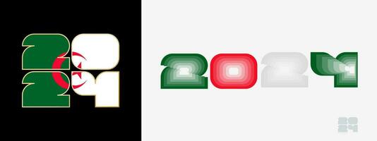 Year 2024 with flag of Algeria and in color palate of Algeria flag. Happy New Year 2024 in two different style. vector