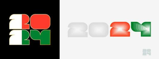 Year 2024 with flag of Madagascar and in color palate of Madagascar flag. Happy New Year 2024 in two different style. vector