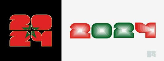 Year 2024 with flag of Morocco and in color palate of Morocco flag. Happy New Year 2024 in two different style. vector