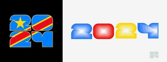 Year 2024 with flag of DR Congo and in color palate of DR Congo flag. Happy New Year 2024 in two different style. vector