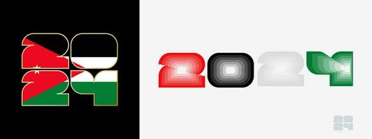 Year 2024 with flag of Jordan and in color palate of Jordan flag. Happy New Year 2024 in two different style. vector