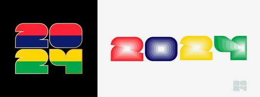 Year 2024 with flag of Mauritius and in color palate of Mauritius flag. Happy New Year 2024 in two different style. vector