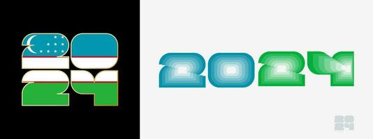 Year 2024 with flag of Uzbekistan and in color palate of Uzbekistan flag. Happy New Year 2024 in two different style. vector