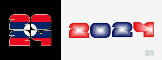 Year 2024 with flag of Laos and in color palate of Laos flag. Happy New Year 2024 in two different style. vector