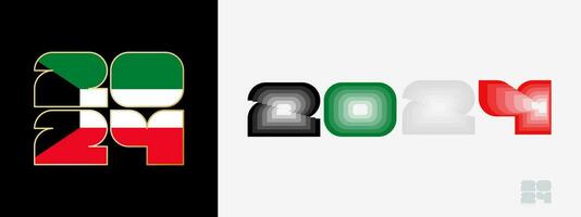 Year 2024 with flag of Kuwait and in color palate of Kuwait flag. Happy New Year 2024 in two different style. vector