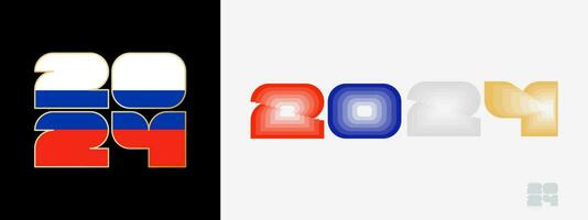 Year 2024 with flag of Russia and in color palate of Russia flag. Happy New Year 2024 in two different style. vector