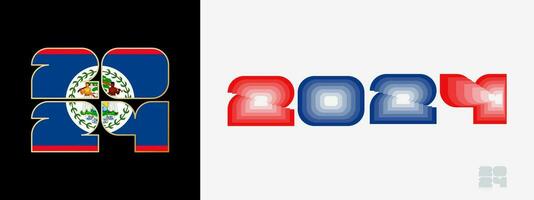 Year 2024 with flag of Belize and in color palate of Belize flag. Happy New Year 2024 in two different style. vector