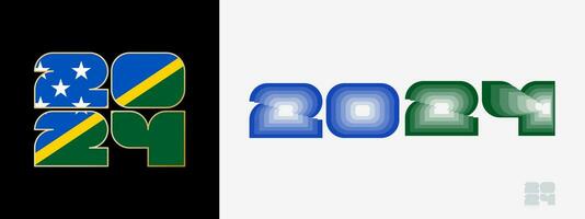 Year 2024 with flag of Solomon Islands and in color palate of Solomon Islands flag. Happy New Year 2024 in two different style. vector