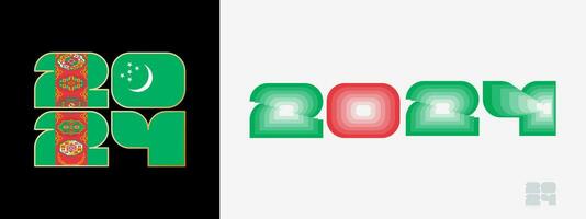 Year 2024 with flag of Turkmenistan and in color palate of Turkmenistan flag. Happy New Year 2024 in two different style. vector