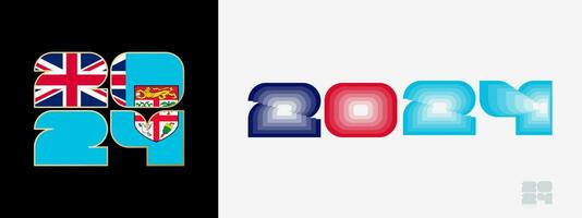 Year 2024 with flag of Fiji and in color palate of Fiji flag. Happy New Year 2024 in two different style. vector
