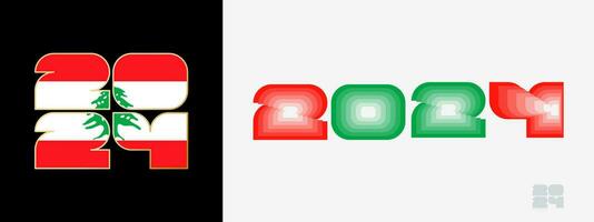 Year 2024 with flag of Lebanon and in color palate of Lebanon flag. Happy New Year 2024 in two different style. vector