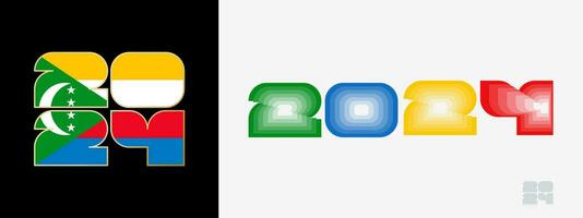 Year 2024 with flag of Comoros and in color palate of Comoros flag. Happy New Year 2024 in two different style. vector