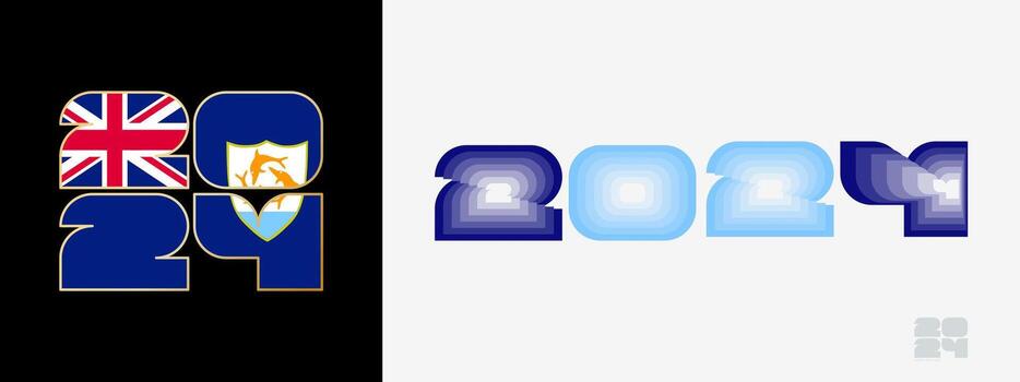 Year 2024 with flag of Anguilla and in color palate of Anguilla flag. Happy New Year 2024 in two different style. vector