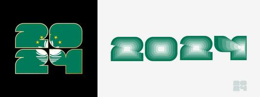 Year 2024 with flag of Macau and in color palate of Macau flag. Happy New Year 2024 in two different style. vector