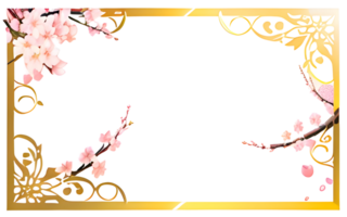 AI generated Sakura border frame gold luxury PNG transparent background