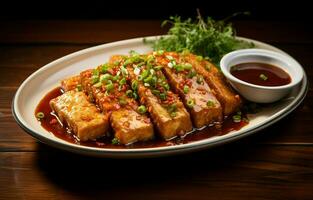 Fried tofu served with pickled vegetables and sauce. Over a dish, served on plastic. AI Generative photo