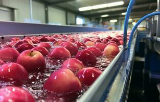 A close-up of newly picked red Fiji apples being washed and transported up a conveyor belt in a Tasmanian apple packing shed before being graded and packaged. AI Generative. photo