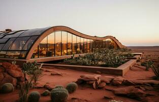 A modern green nature house in the middle of the Moroccan Sahara desert. AI Generative photo