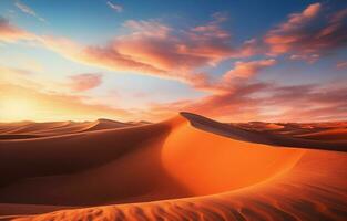 Sunset over the desert sand dunes. The Sahara desert's arid landscape. AI Generative photo