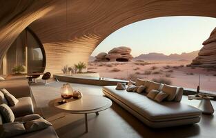 A modern house in the middle of the Moroccan Sahara desert. AI Generative photo
