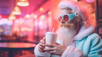 hipster moderno Papa Noel tomando un corto descanso y teniendo un taza de café a ir. ai generado foto