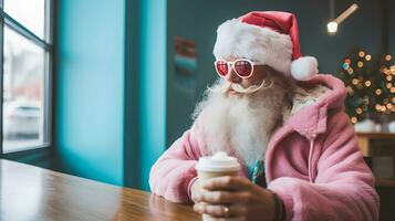 Hipster modern Father Christmas taking a break and enjoying a cup of coffee. AI Generated photo