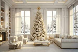 Large view of a modern cream style living room with Christmas decorations, tree and Christmas gifts. Generative AI photo