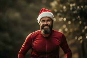 acción disparos de corredores con Papa Noel sombrero y resistencia Atletas en movimiento, capturar el determinación y energía de cardiovascular ejercicio. generativo ai foto