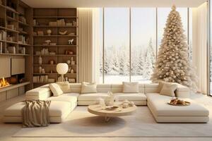 Large view of a modern cream style living room with Christmas decorations, tree and Christmas gifts. Generative AI photo