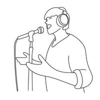 medio longitud de hombre canto en micrófono con auricular ilustración vector mano dibujado aislado en blanco antecedentes