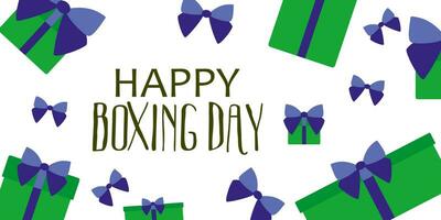 Happy boxing day Banner. Vector illustration with Trendy color gift boxes with bows and lettering phrase. Flat style Poster for Website. December Holiday Decoration, Flyer, Sale placard.