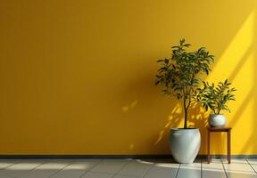 Room with a plants and yellow wall copy space, created with generative AI photo