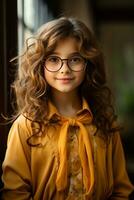 Portrait of the cute little girl with glasses, created with generative AI photo