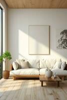Cream white room with picture frame on the wall, created with generative AI photo