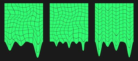 Set of distorted cyber grids. Cyberpunk geometry element y2k style. Isolated green mesh on black background. Vector fashion illustration.