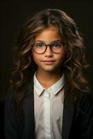 Portrait of the cute little girl with glasses, created with generative AI photo