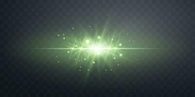 Green horizontal lensflare. Light flash with rays or green spotlight. Glow flare light effect. Vector illustration