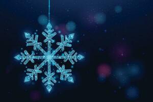 Wireframe snowflake on bokeh background, low poly style. Merry Christmas and New Year banner. Abstract modern vector illustration.