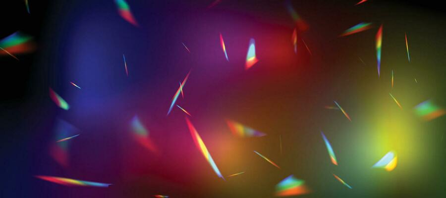 Blurred rainbow refraction overlay effect. Light lens prism effect on black background. Holographic reflection, crystal flare leak shadow overlay. Vector abstract illustration.
