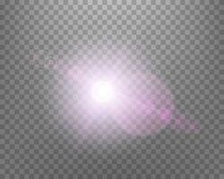 Sunlight lens flare, sun flash with rays and spotlight. Pink glowing burst explosion. Vector illustration.